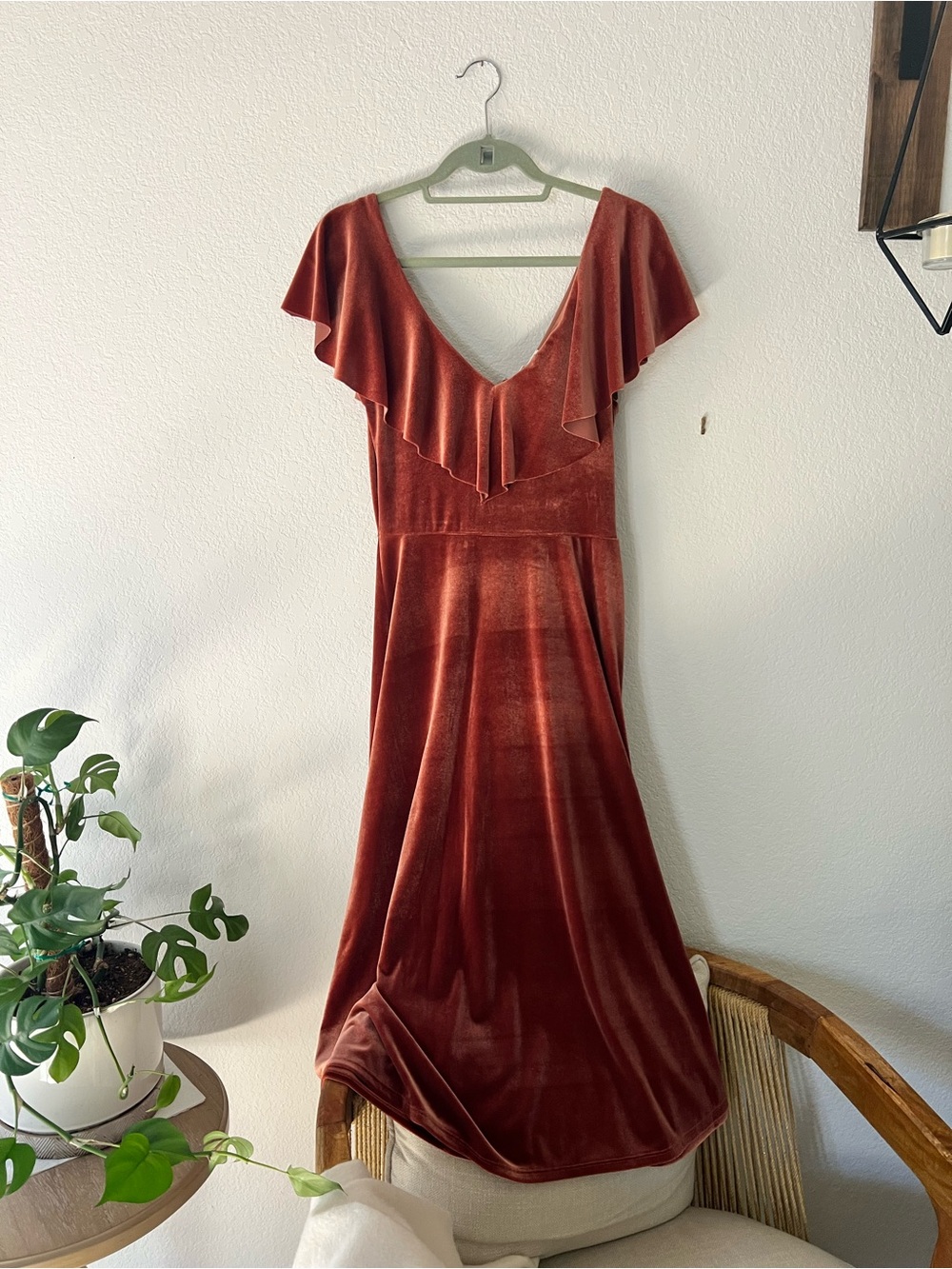 Anthropologie Rust Velvet Midi Dress